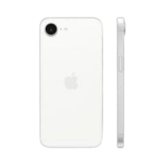 OBtech white iPhone 16e smartphone shown from the back and side profile with a single camera lens