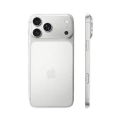OBtech iPhone 17 Pro Max in silver titanium with a triple-lens camera system, shown from rear and side angles.