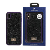 OBtech iPhone XS Max case featuring a black Swarovski crystal glitter finish and protective purple frame in packaging