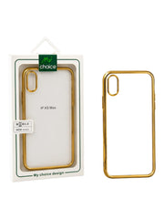 OBtech iPhone XS Max case with a premium metallic gold border and transparent back in retail packaging