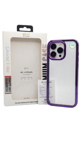 OBtech Jesco design iPhone case with a clear back and metallic purple frame, shown with its retail packaging.