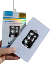 OBtech Kuzoom sapphire camera lens protector for Samsung S23 Ultra in white packaging held by a hand