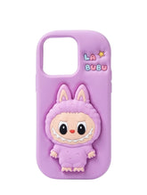 OBtech purple iPhone 14 and 15 Pro Max case featuring a cute 3D Labubu character design and raised edges.
