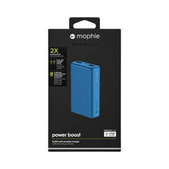 OBtech mophie Essential Power Boost 5,200mAh portable power bank in blue, shown in its retail packaging.