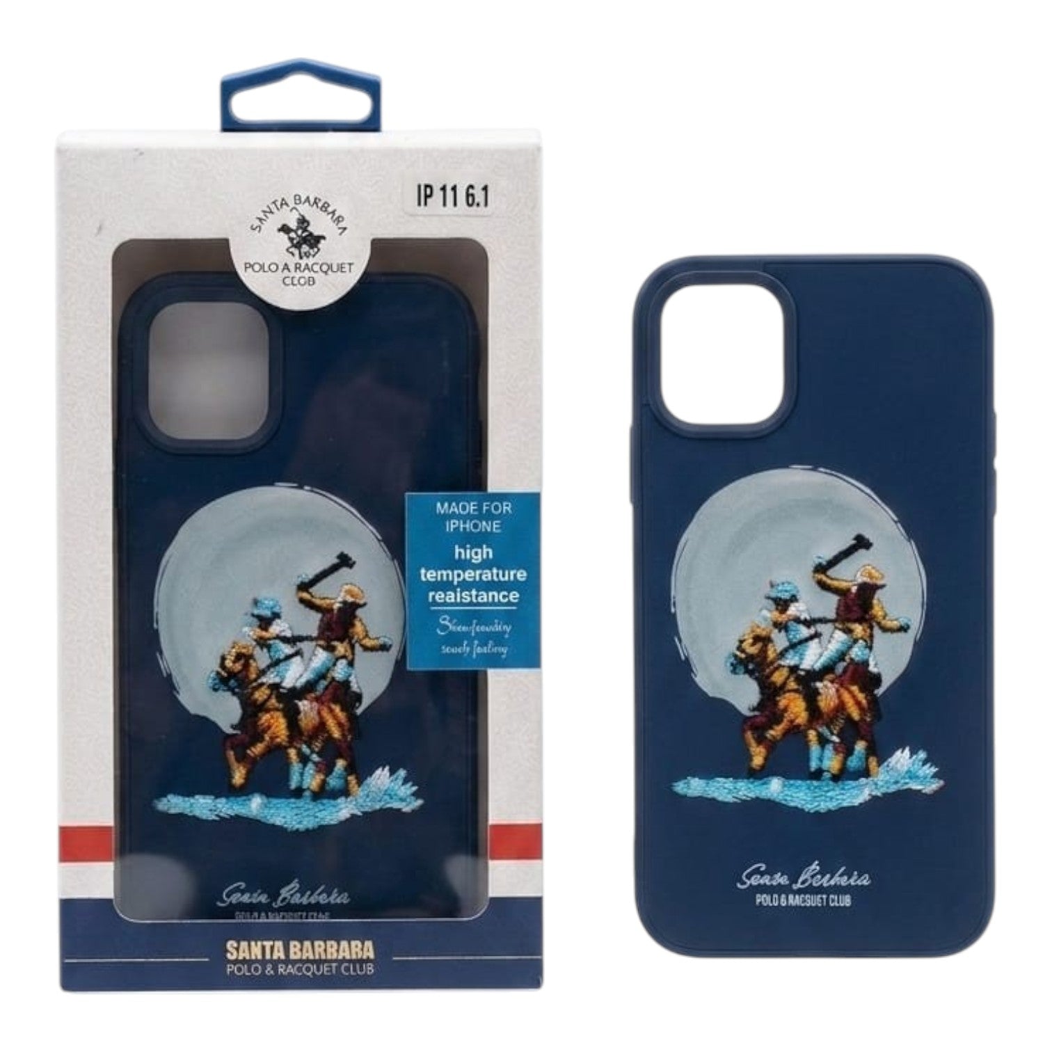 OBtech navy blue leather-textured phone case featuring a Santa Barbara Polo & Racquet Club polo player embroidery.