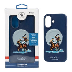 OBtech navy blue Santa Barbara Polo & Racquet Club leather case for iPhone featuring a polo player graphic design