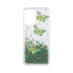 OBtech NIMMY Samsung Galaxy S24 clear phone case with green glitter and 3D butterfly motifs
