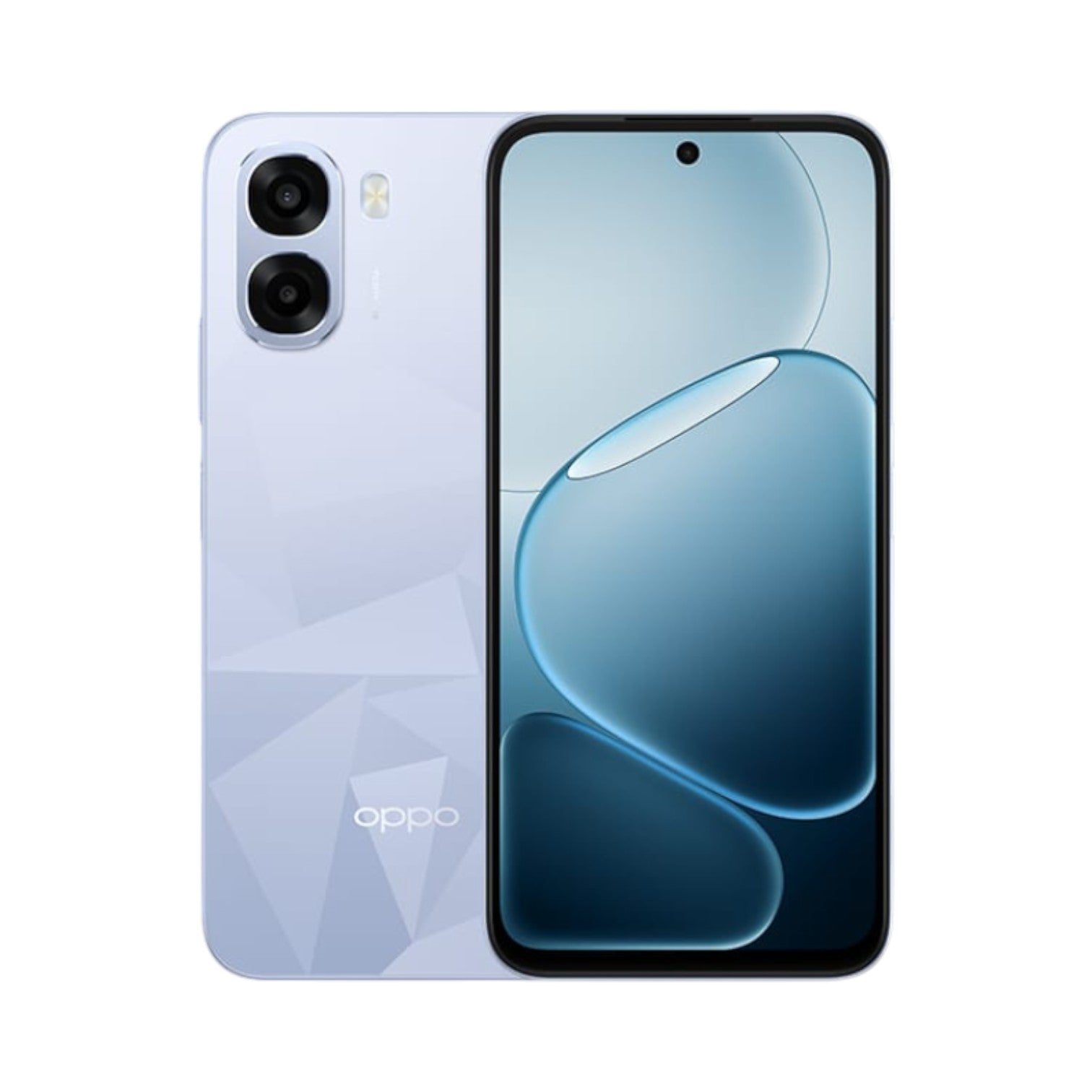 OBtech Oppo A6k smartphone in light purple with a geometric patterned back, dual camera, and large touchscreen display