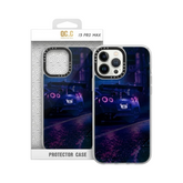 OBtech QC stylish iPhone 13 Pro Max cover featuring a neon sports car design in retail packaging