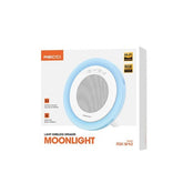 OBtech Recci Moonlight Series wireless Bluetooth speaker in white with RGB light ring and packaging box