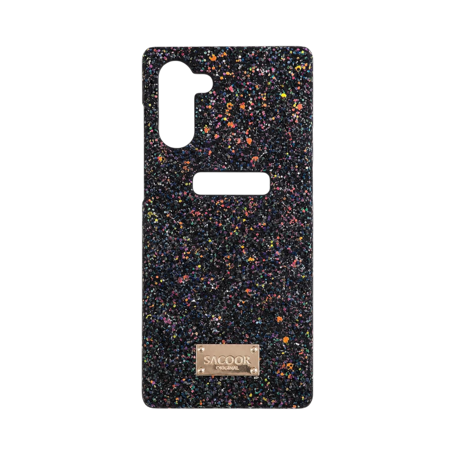 OBtech SACOOR Samsung Galaxy Note 10 glitter case in black with multi-colored sparkles and a metallic brand plaque.