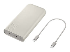 OBtech Samsung 20,000mAh portable battery pack in beige with a USB-C charging cable for fast device power.