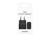 OBtech Samsung 25W USB-C power adapter in black packaging, featuring a compact wall charger with a single port.