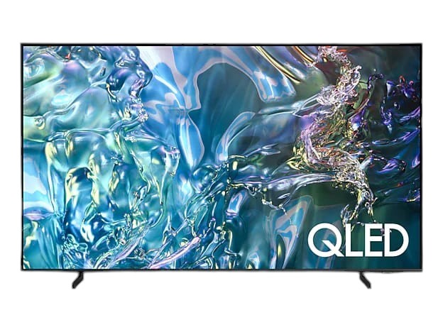 OBtech Samsung 55 inch Q60D 4K QLED Smart TV with vibrant abstract blue screen display and ultra-slim bezel design