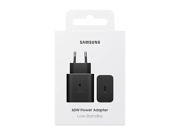 OBtech Samsung 60W USB-C power adapter in black, featuring Super Fast Charging 3.0 technology in retail packaging.