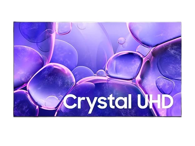 OBtech Samsung 65 inch Crystal UHD 4K Smart TV with slim bezel design displaying vibrant purple abstract graphics