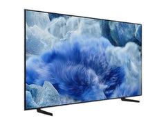OBtech 65-inch Samsung QLED 4K smart TV with AirSlim design displaying a vibrant blue abstract ice graphic