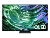 OBtech Samsung 77-inch S90D 4K OLED smart TV featuring a vibrant green and blue abstract display with thin bezels.