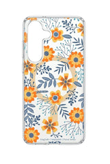 OBtech Samsung phone case with a clear back featuring an orange and blue floral pattern and MagSafe compatibility.