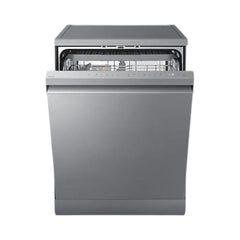 OBtech Samsung freestanding dishwasher in silver with a wide LED display panel and open racks for easy loading.