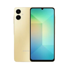 OBtech Samsung Galaxy A06 smartphone in gold with a 6.7-inch display and dual rear camera system.