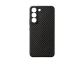 OBtech Samsung Galaxy S22 phone case in black with a textured carbon fiber pattern and precise camera cutouts.