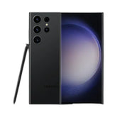 OBtech Samsung Galaxy S23 Ultra smartphone in black with S Pen stylus, showing front display and rear camera array.