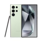 OBtech Samsung Galaxy S24 Ultra in light green with titanium frame, quad camera system, and integrated S Pen.