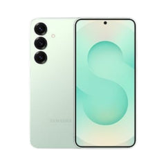 OBtech Samsung Galaxy S25 smartphone in light green, showing the triple camera array and vibrant AMOLED display.