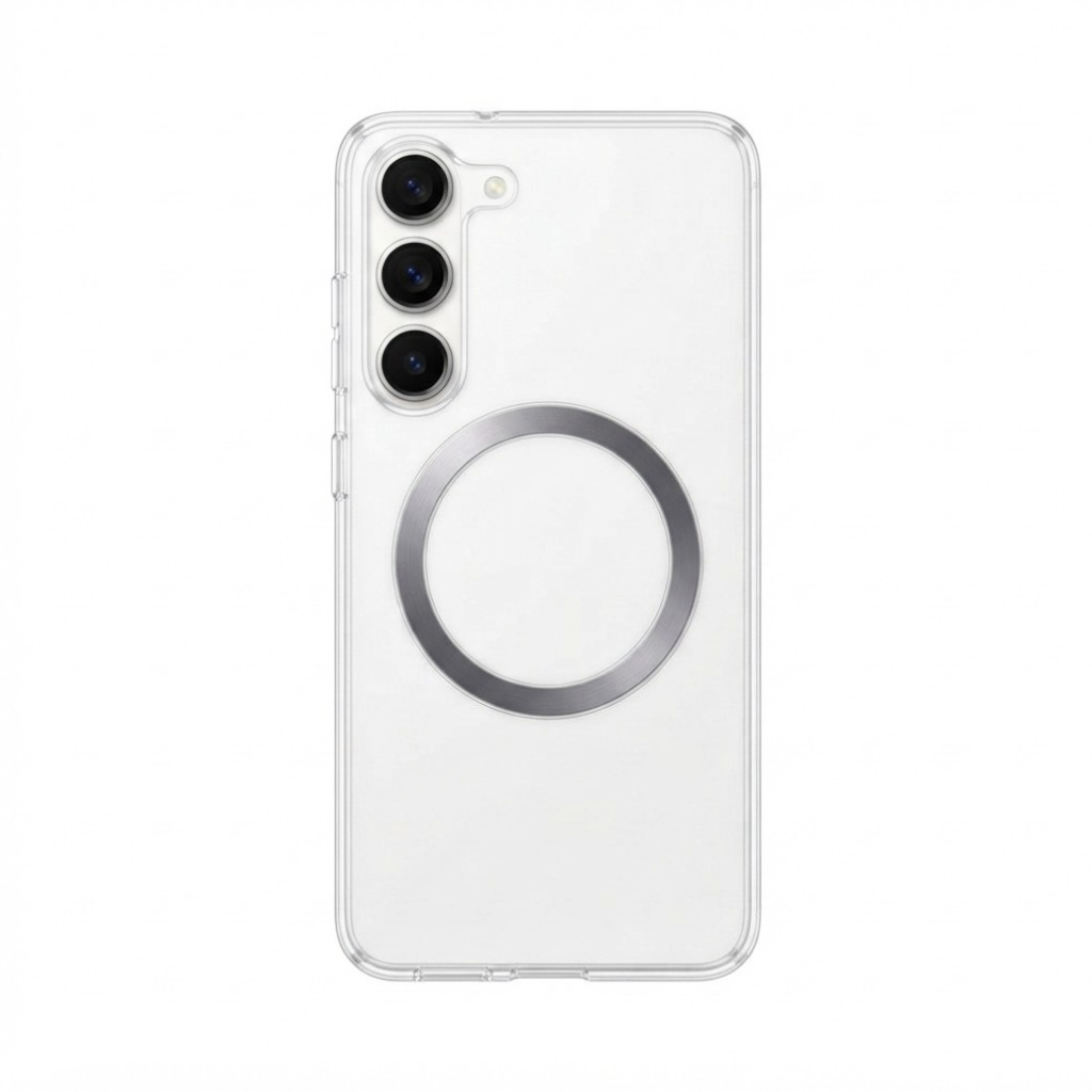 OBtech clear magnetic phone case for Samsung Galaxy S25 with a silver MagSafe ring on a transparent back panel