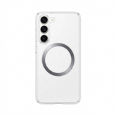OBtech clear magnetic phone case for Samsung Galaxy S25 with a silver MagSafe ring on a transparent back panel