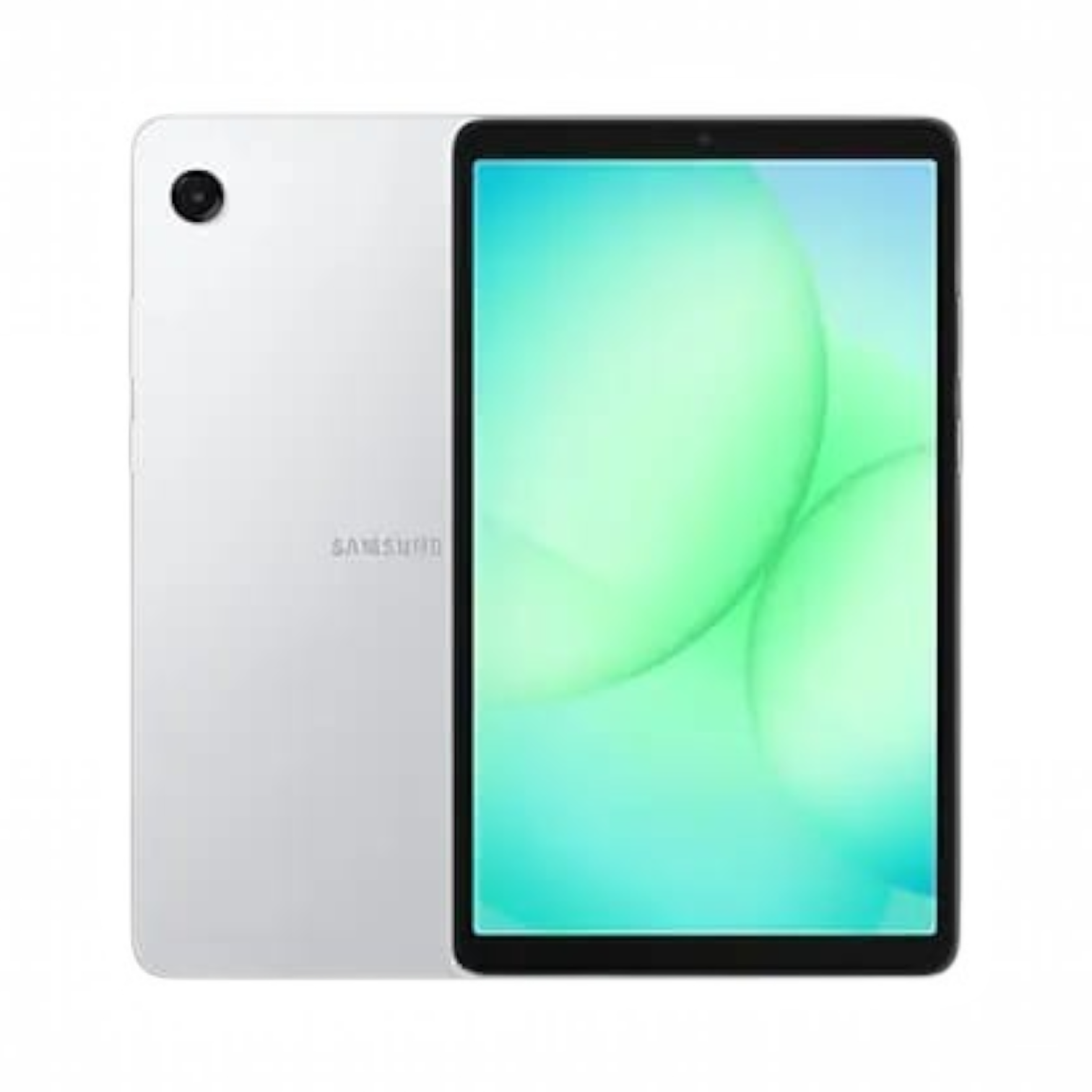 OBtech Samsung Galaxy Tab A11 showing the silver back casing and front display with a vibrant green abstract wallpaper