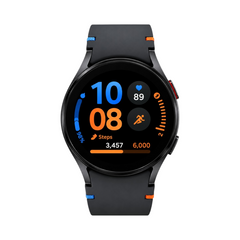 OBtech Samsung Galaxy Watch FE with a black case, vibrant digital watch face, and a black strap with blue and orange accents.