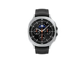 OBtech Samsung Galaxy Watch8 Classic 46mm with stainless steel body, rotating bezel, and black leather strap.