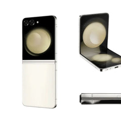 OBtech Samsung Galaxy Z Flip5 foldable smartphone shown in closed, open, and side profile views in cream and black.