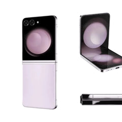 OBtech Samsung Galaxy Z Flip5 shown in closed, partially folded, and side profiles in a light lavender finish.