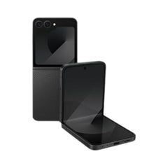 OBtech Samsung Galaxy Z Flip6 foldable smartphone in black, shown folded and partially open with dual displays.