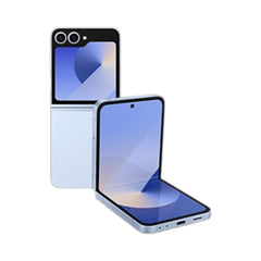 OBtech Samsung Galaxy Z Flip6 foldable smartphone in light blue, showing both folded and partially open views.