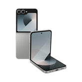 OBtech Samsung Galaxy Z Flip6 foldable smartphone in silver, showing both closed and partially folded screen views.