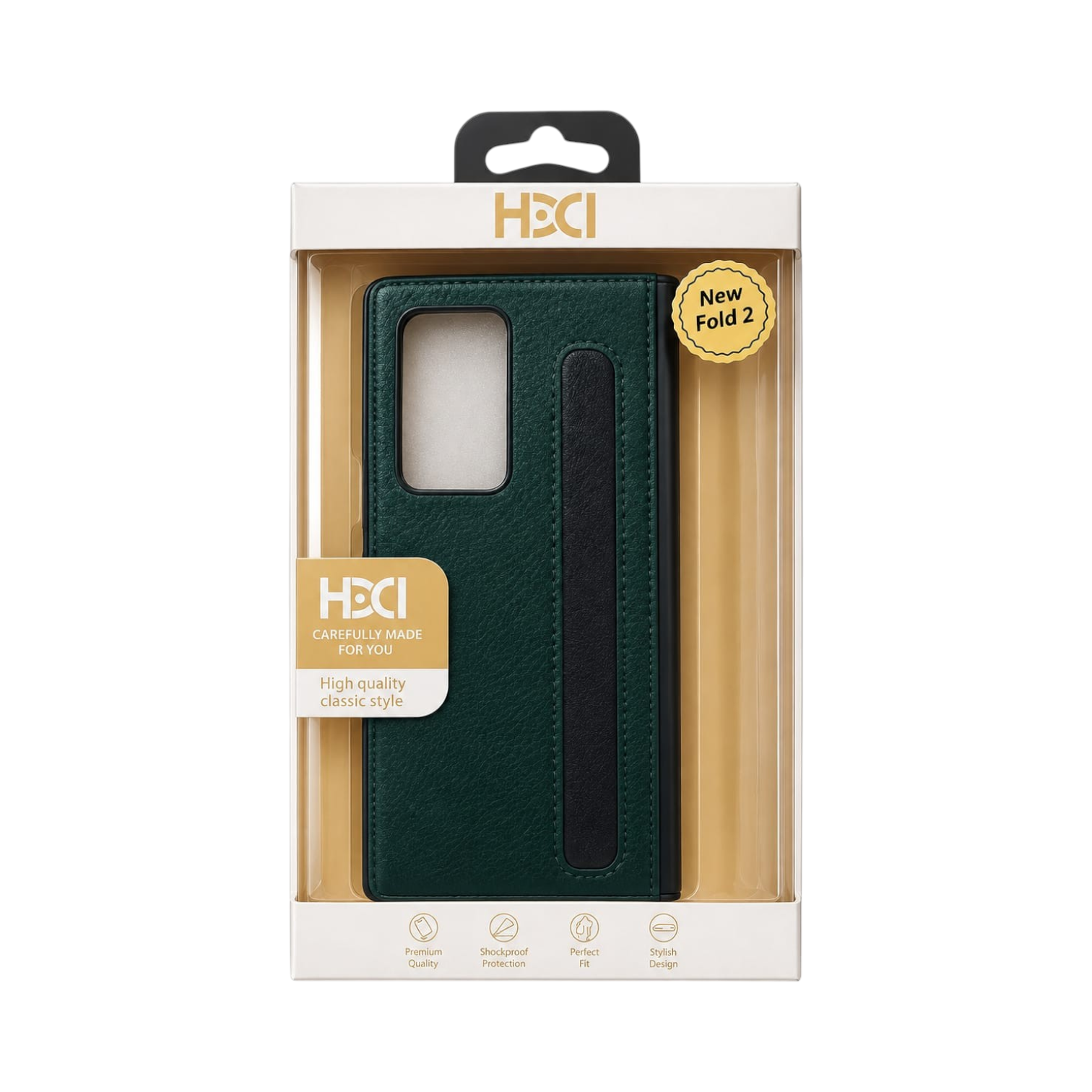 OBtech Samsung Galaxy Z Fold 2 leather cover in dark green, presented in retail packaging with a slim protective design