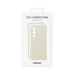 OBtech Samsung Galaxy Z Fold 5 eco-leather case in cream, shown in original retail packaging.