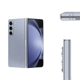 OBtech Samsung Galaxy Z Fold5 foldable smartphone in silver, showing the triple camera setup and hinge design.