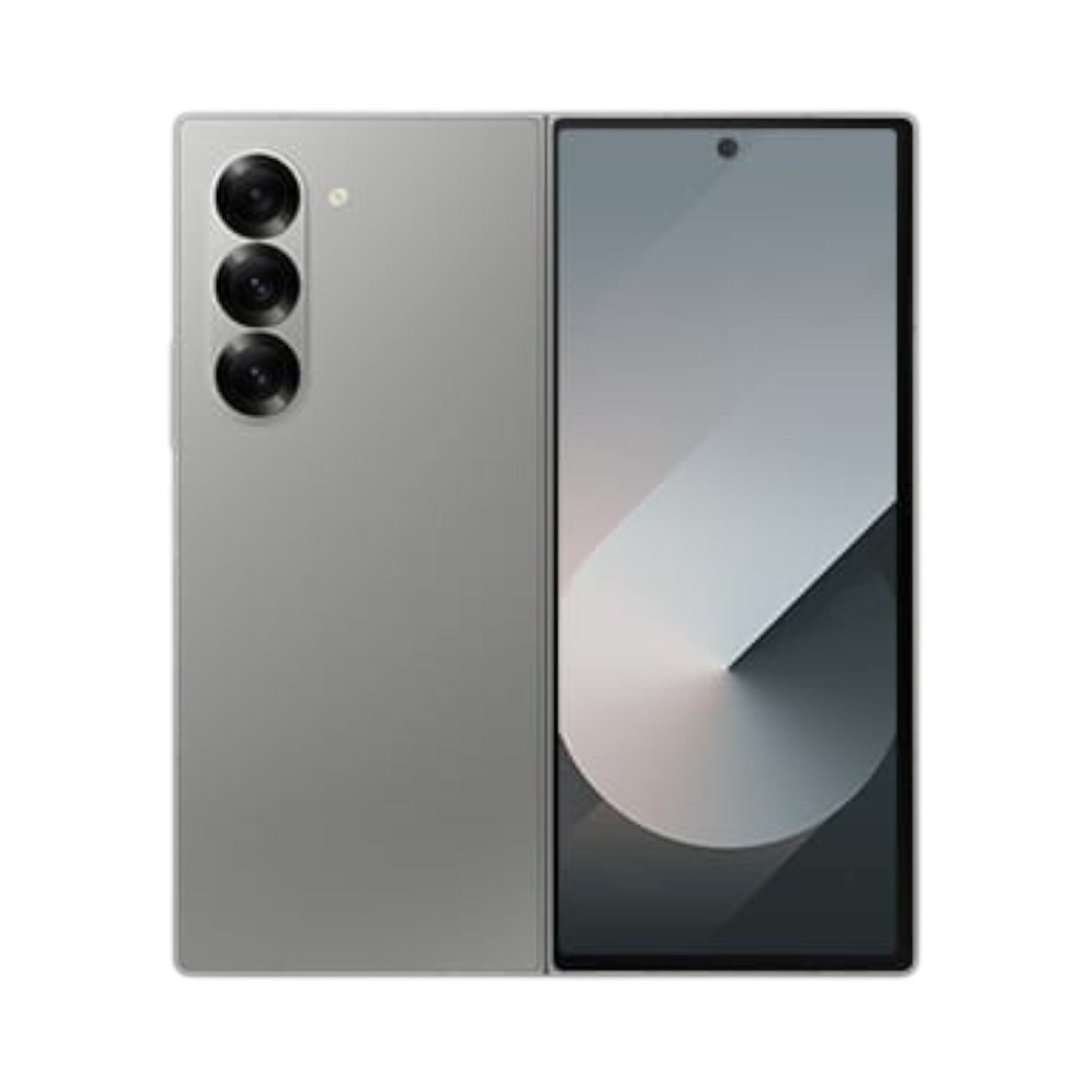 OBtech Samsung Galaxy Z Fold6 foldable smartphone in silver with a triple camera system and cover display.