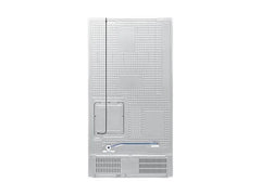 Rear view of the OBtech Samsung side-by-side refrigerator showing the metal back panel and water line connection.