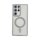OBtech Samsung S24 Ultra transparent case with sparkling glitter borders and a magnetic ring on a clear back panel