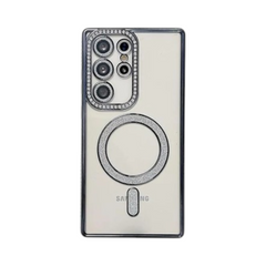 OBtech Samsung Galaxy S24 Ultra transparent case with sparkling glitter borders and magnetic charging ring