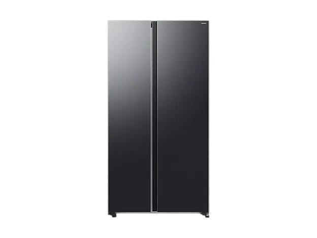 OBtech Samsung 655L side-by-side refrigerator in a sleek dark grey finish with a modern minimalist design
