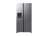 OBtech Samsung side-by-side refrigerator in silver with a plumbed water and ice dispenser on a black background