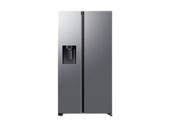OBtech Samsung side-by-side refrigerator in silver with a plumbed water and ice dispenser on a black background