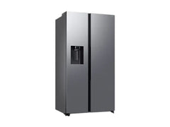 OBtech Samsung side-by-side refrigerator in silver with a plumbed water and ice dispenser on a black background.
